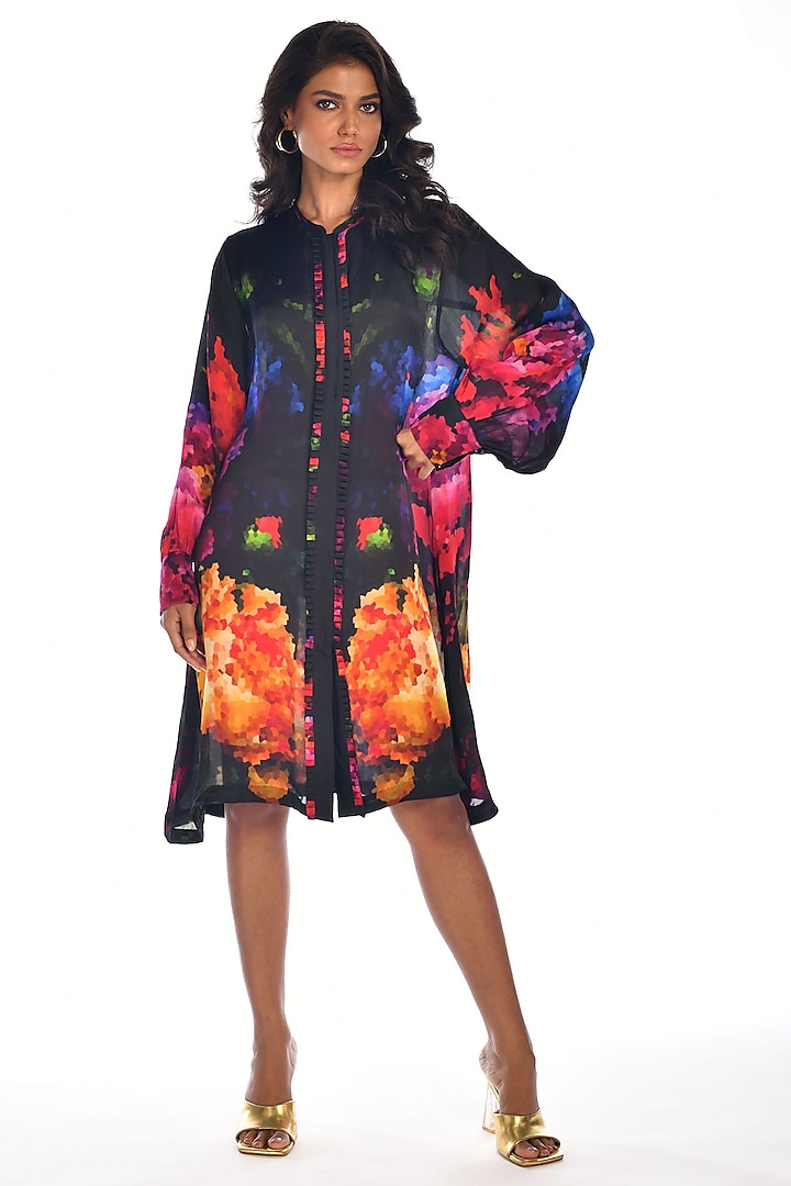 Black Satin Georgette Digital Printed Knee-Length Shirt Dress by Isadaa by Rotna Dutt at Pernia's Pop Up Shop