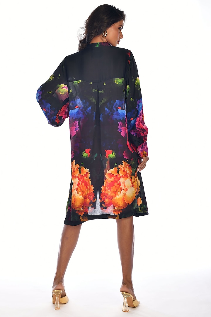 Black Satin Georgette Digital Printed Knee-Length Summer Shirt Dress by Isadaa by Rotna Dutt at Pernia's Pop Up Shop