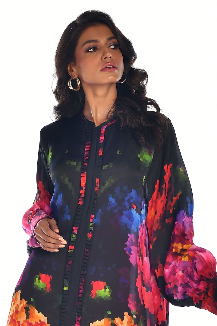 Black Satin Georgette Digital Printed Knee-Length Summer Shirt Dress by Isadaa by Rotna Dutt at Pernia's Pop Up Shop