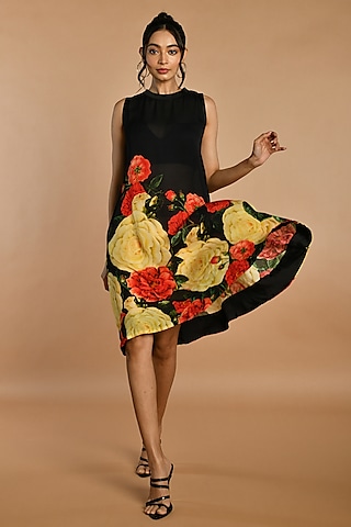 Black Satin Georgette Digital Printed Knee-Length Dress by Isadaa by Rotna Dutt