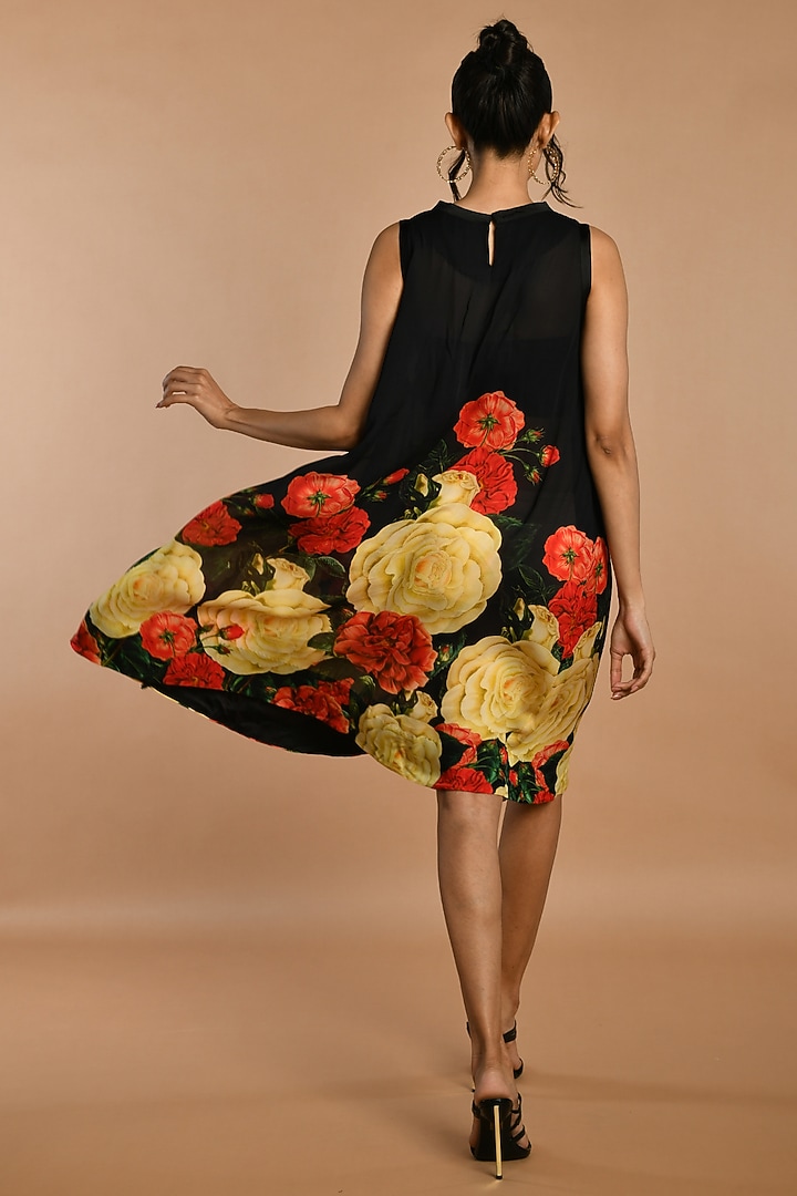 Black Satin Georgette Digital Printed Knee-Length Summer Dress by Isadaa by Rotna Dutt at Pernia's Pop Up Shop