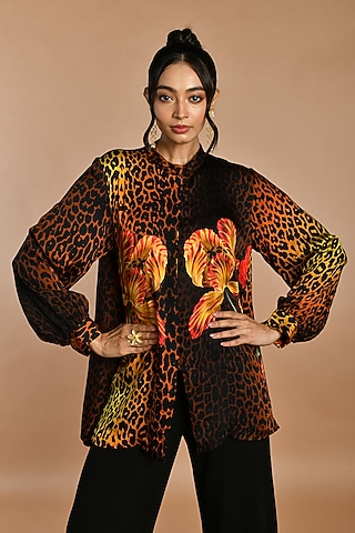 Black Satin Georgette Digital Printed Shirt by Isadaa by Rotna Dutt