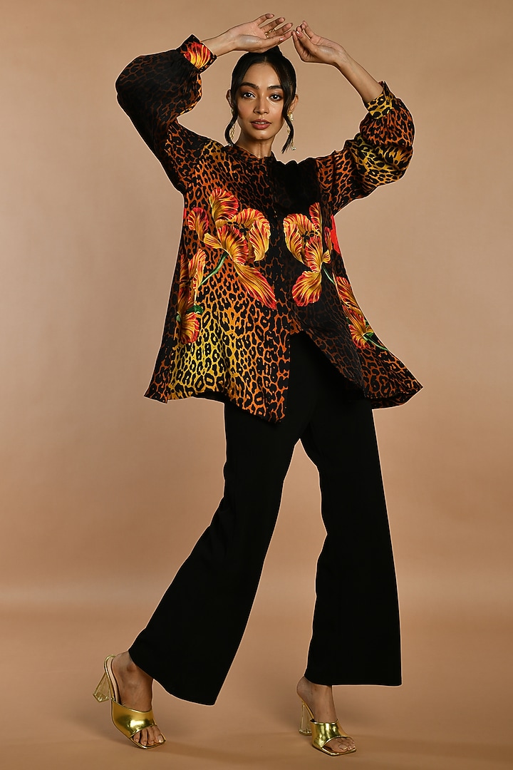 Black Satin Georgette Digital Printed Shirt by Isadaa by Rotna Dutt at Pernia's Pop Up Shop