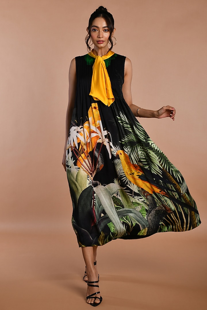 Black Satin Georgette Digital Printed Midi Dress by Isadaa by Rotna Dutt at Pernia's Pop Up Shop