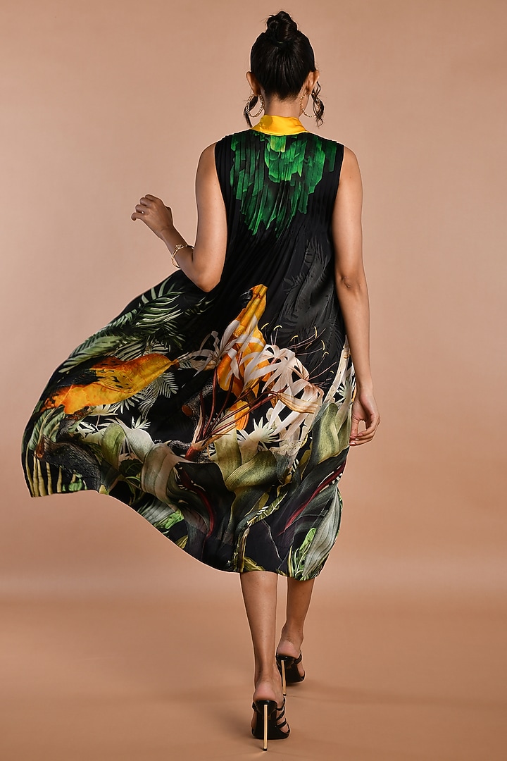 Black Satin Georgette Digital Printed Midi Summer Dress by Isadaa by Rotna Dutt at Pernia's Pop Up Shop