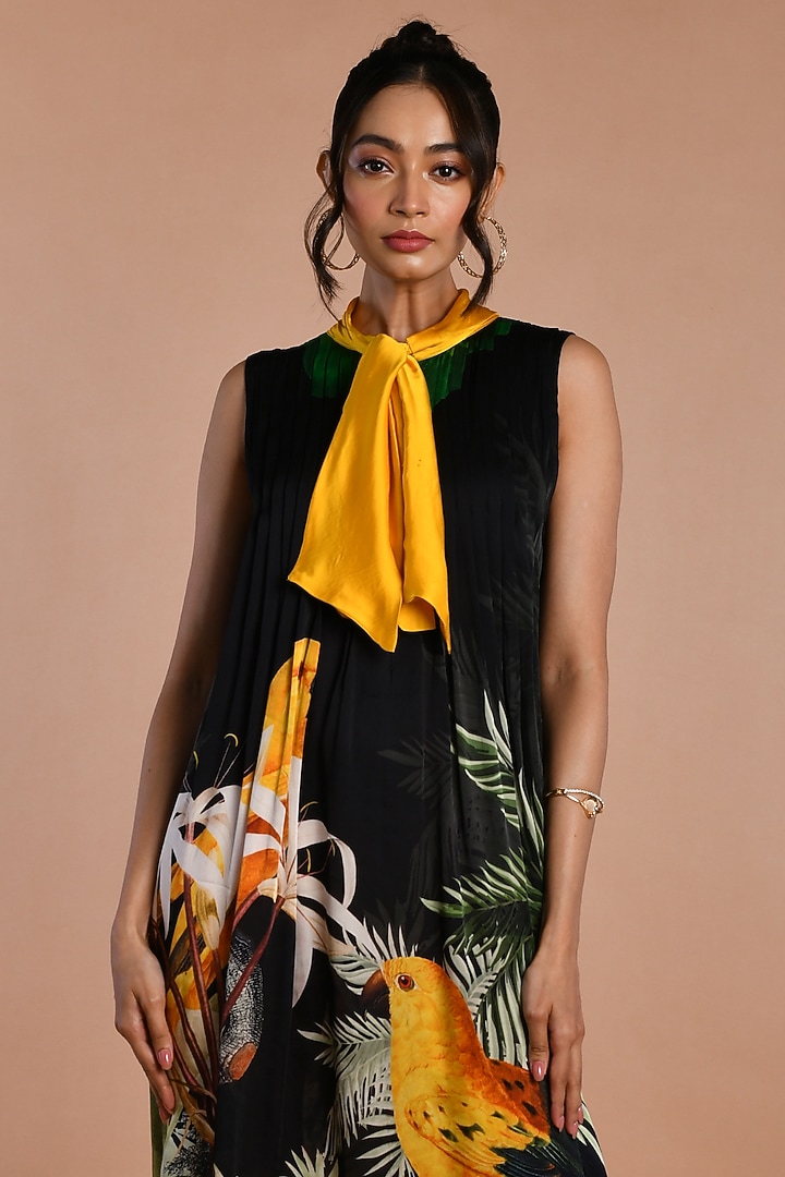 Black Satin Georgette Digital Printed Midi Summer Dress by Isadaa by Rotna Dutt at Pernia's Pop Up Shop
