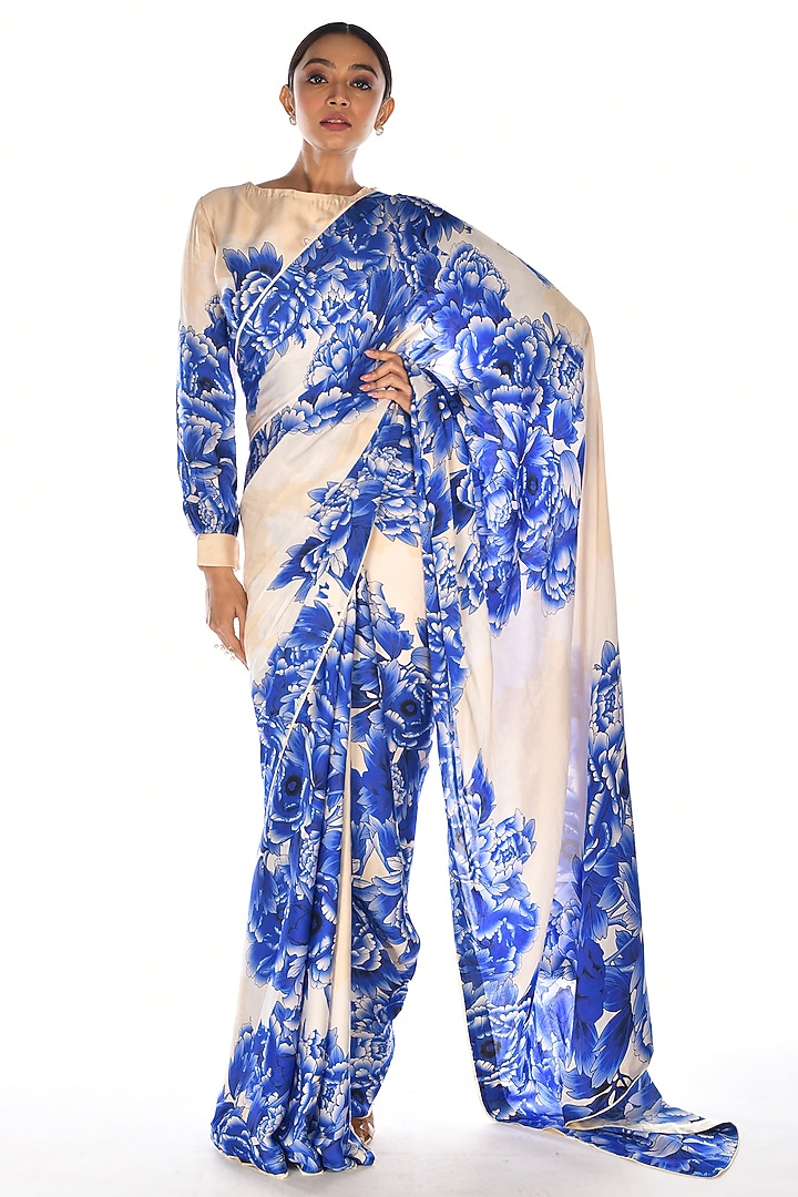 Off-White Satin Georgette Digital Printed Party Wear Saree Set by Isadaa by Rotna Dutt at Pernia's Pop Up Shop