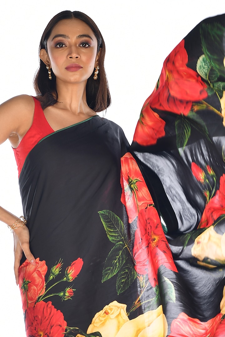 Black Satin Georgette Digital Printed Party Wear Saree Set by Isadaa by Rotna Dutt at Pernia's Pop Up Shop