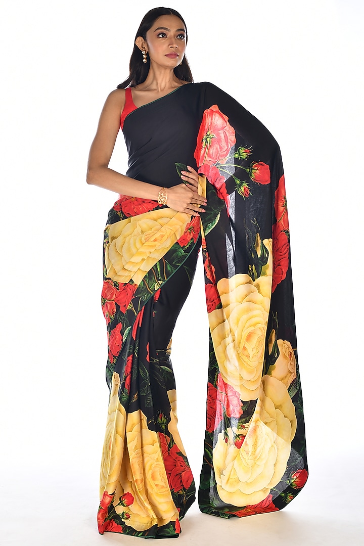 Black Satin Georgette Digital Printed Party Wear Saree Set by Isadaa by Rotna Dutt at Pernia's Pop Up Shop