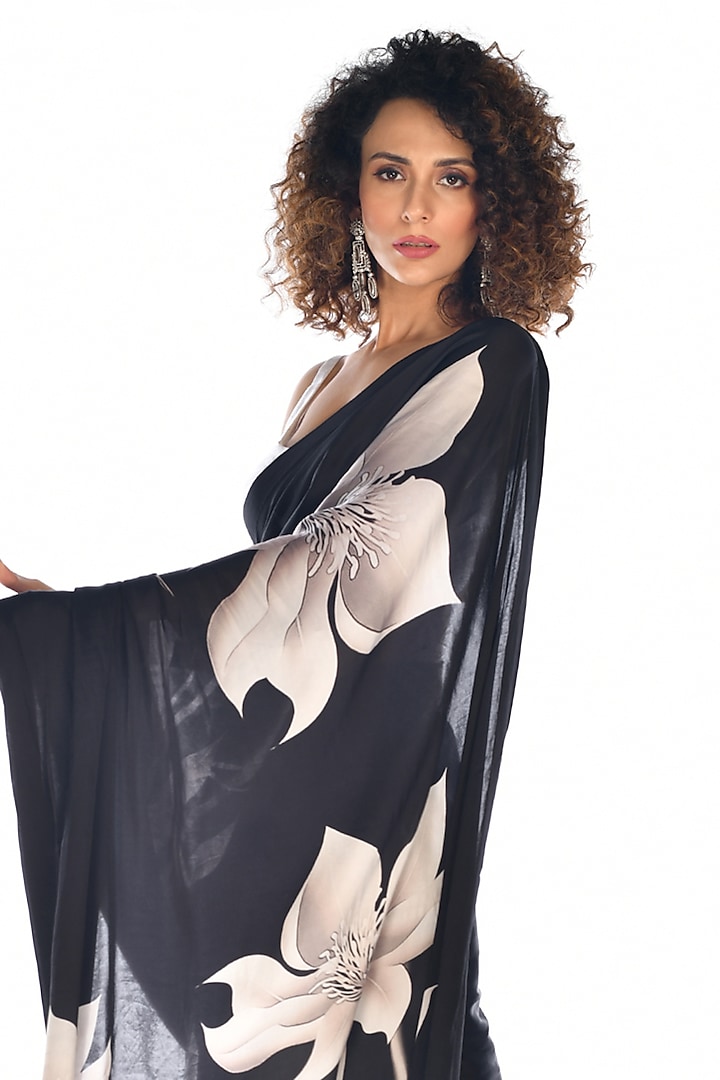 Black Satin Organza Digital Printed Party Wear Saree Set by Isadaa by Rotna Dutt at Pernia's Pop Up Shop