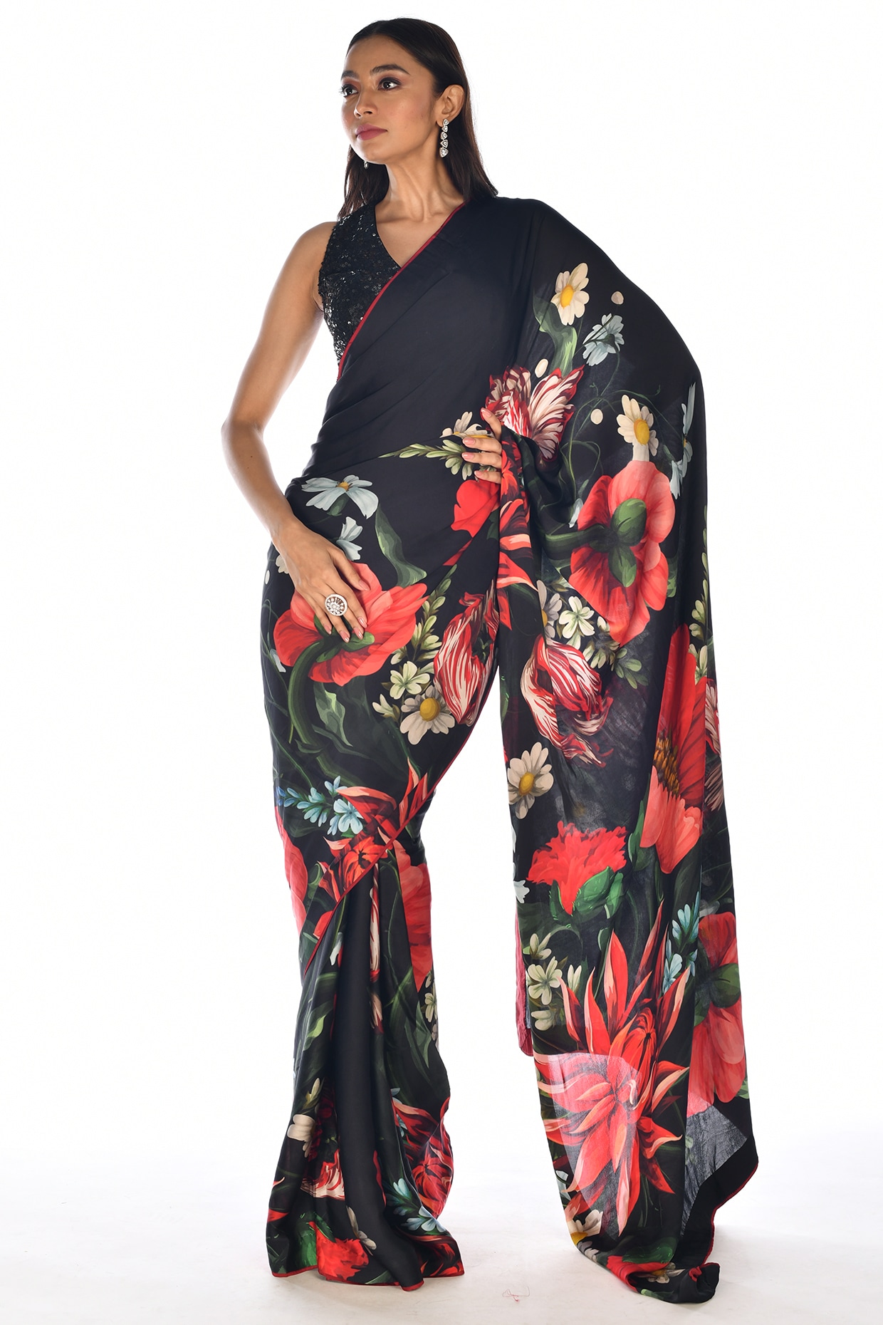 Black Satin Organza Digital Printed Saree Set by Isadaa by Rotna Dutt ...