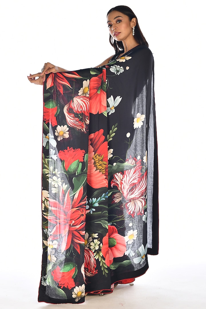Black Satin Organza Digital Printed Party Wear Saree Set by Isadaa by Rotna Dutt at Pernia's Pop Up Shop