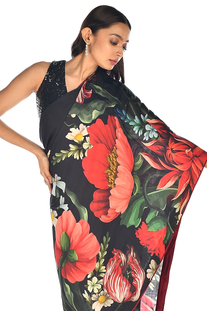 Black Satin Organza Digital Printed Party Wear Saree Set by Isadaa by Rotna Dutt at Pernia's Pop Up Shop