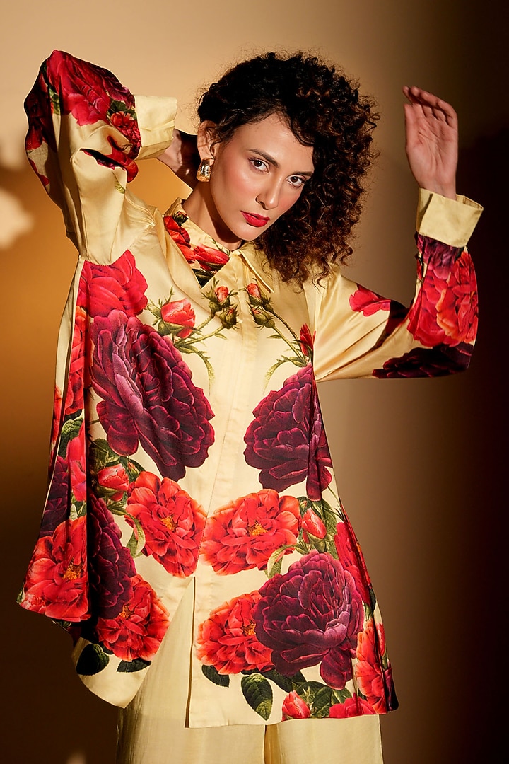 Yellow Satin Georgette Digital Printed Co-Ord Set by Isadaa by Rotna Dutt at Pernia's Pop Up Shop