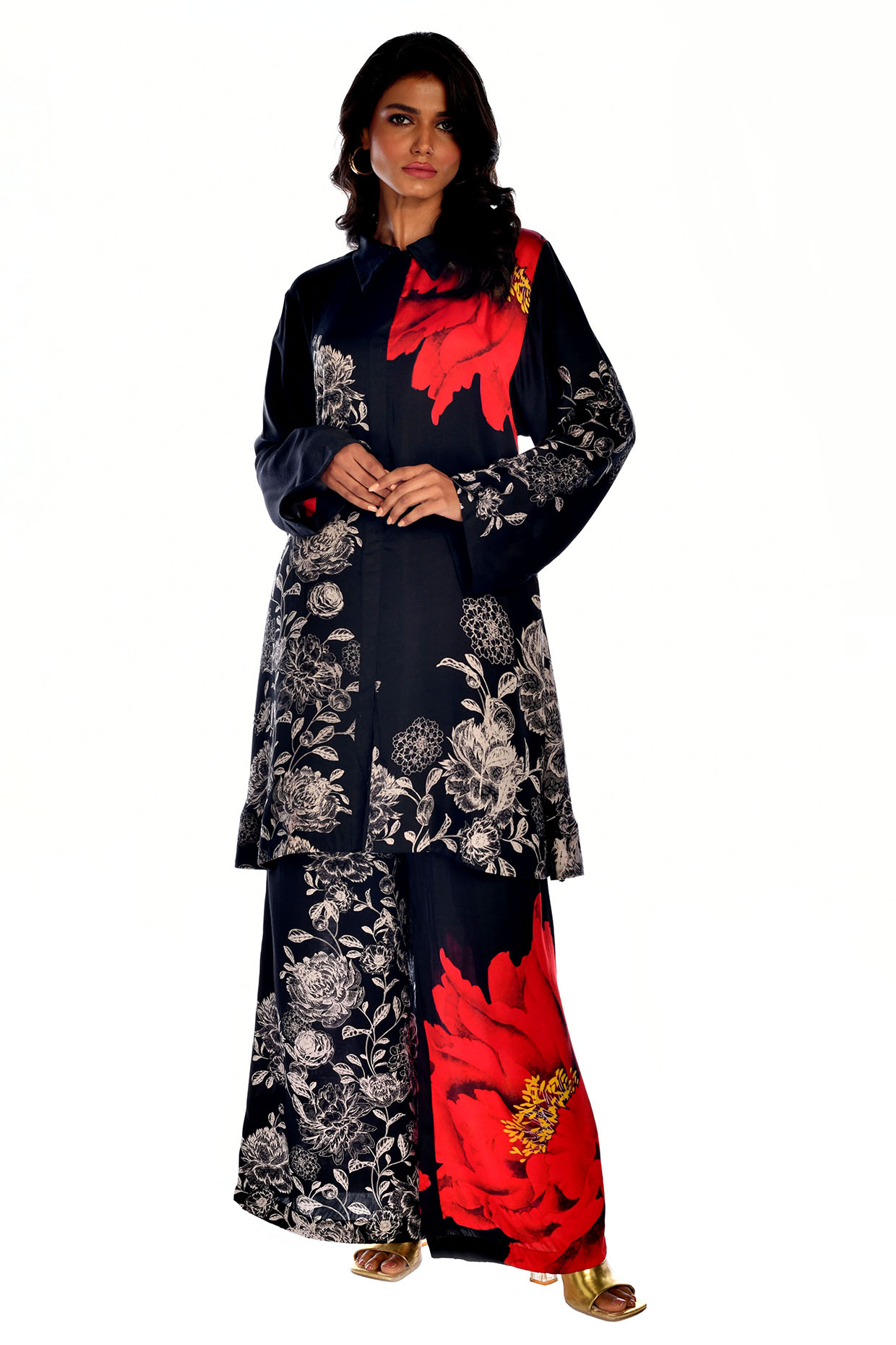 Black Satin Georgette Digital Printed Co-Ord Set by Isadaa by Rotna Dutt at Pernia's Pop Up Shop