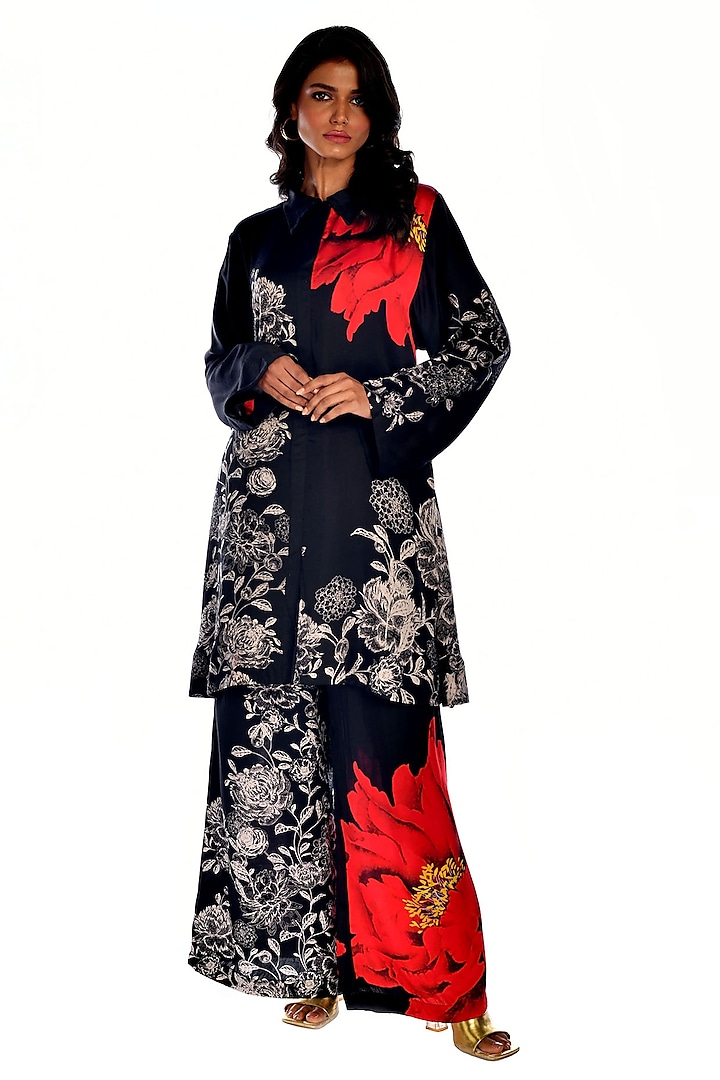 Black Satin Georgette Digital Printed Co-Ord Set by Isadaa by Rotna Dutt at Pernia's Pop Up Shop