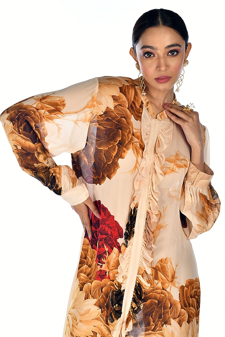 Beige Satin Georgette Digital Printed Summer Shirt Dress by Isadaa by Rotna Dutt at Pernia's Pop Up Shop