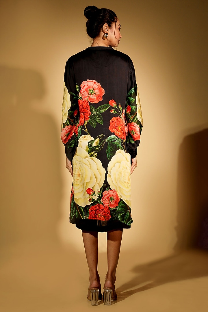 Black Satin Georgette Digital Printed Summer Shirt Dress by Isadaa by Rotna Dutt at Pernia's Pop Up Shop