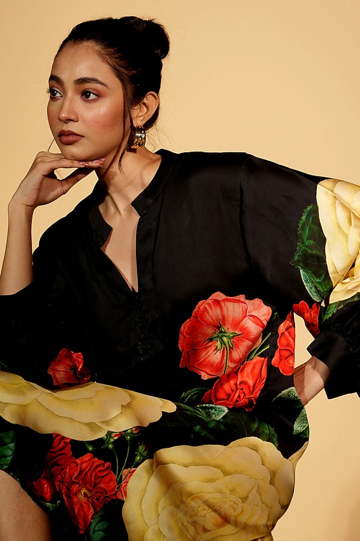 Black Satin Georgette Digital Printed Summer Shirt Dress by Isadaa by Rotna Dutt at Pernia's Pop Up Shop