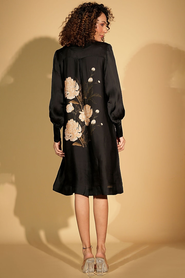 Black Satin Georgette Digital Printed Summer Shirt Dress by Isadaa by Rotna Dutt at Pernia's Pop Up Shop