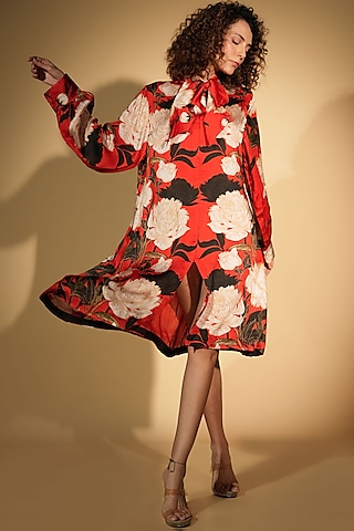 Red Satin Georgette Digital Printed Shirt Dress by Isadaa by Rotna Dutt