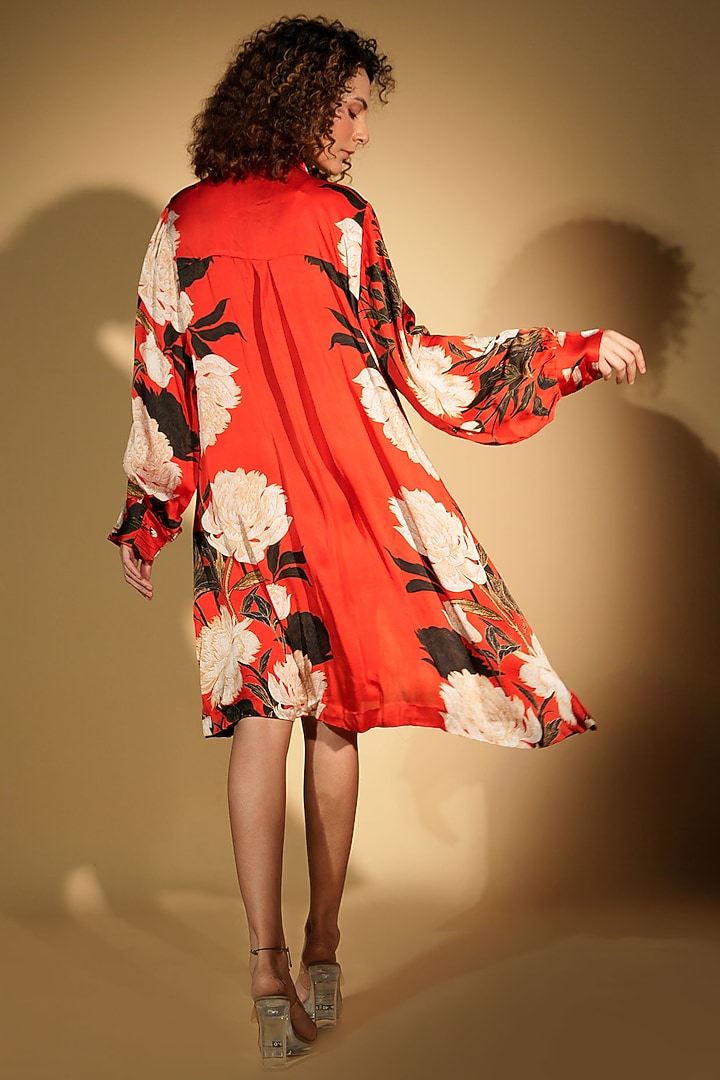 Red Satin Georgette Digital Printed Summer Shirt Dress by Isadaa by Rotna Dutt at Pernia's Pop Up Shop