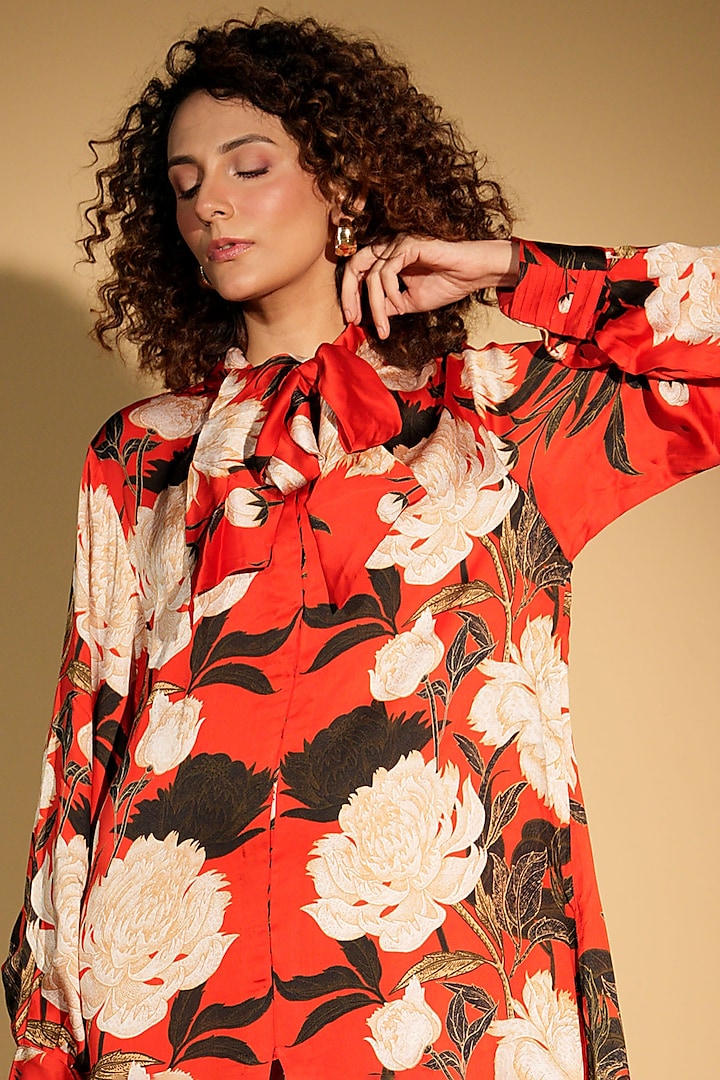 Red Satin Georgette Digital Printed Summer Shirt Dress by Isadaa by Rotna Dutt at Pernia's Pop Up Shop