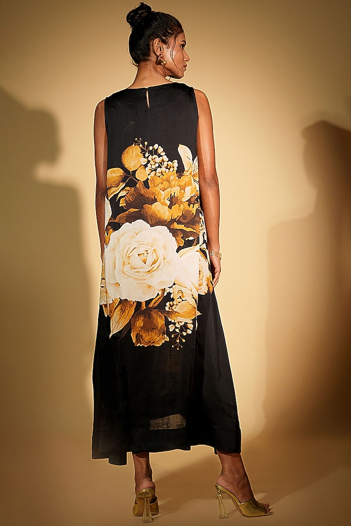 Black Satin Georgette Digital Printed Summer Dress by Isadaa by Rotna Dutt at Pernia's Pop Up Shop