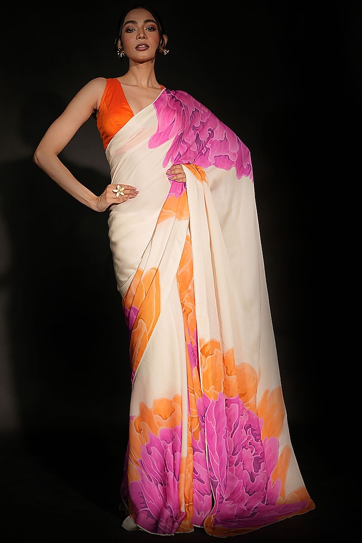 Off-White Satin Georgette Digital Printed Party Wear Saree Set by Isadaa by Rotna Dutt at Pernia's Pop Up Shop