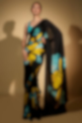 Black Satin Organza Digital Printed Party Wear Saree Set by Isadaa by Rotna Dutt at Pernia's Pop Up Shop
