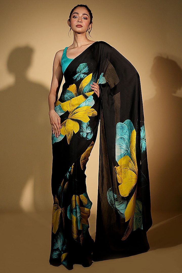 Black Satin Organza Digital Printed Party Wear Saree Set by Isadaa by Rotna Dutt at Pernia's Pop Up Shop