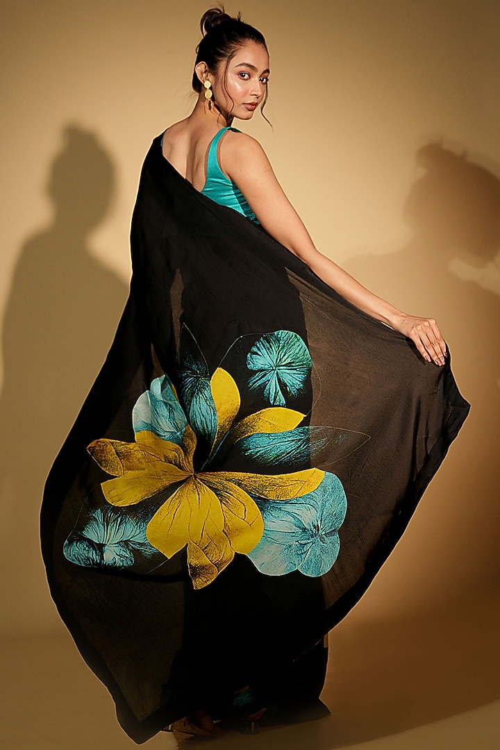 Black Satin Organza Digital Printed Party Wear Saree Set by Isadaa by Rotna Dutt at Pernia's Pop Up Shop