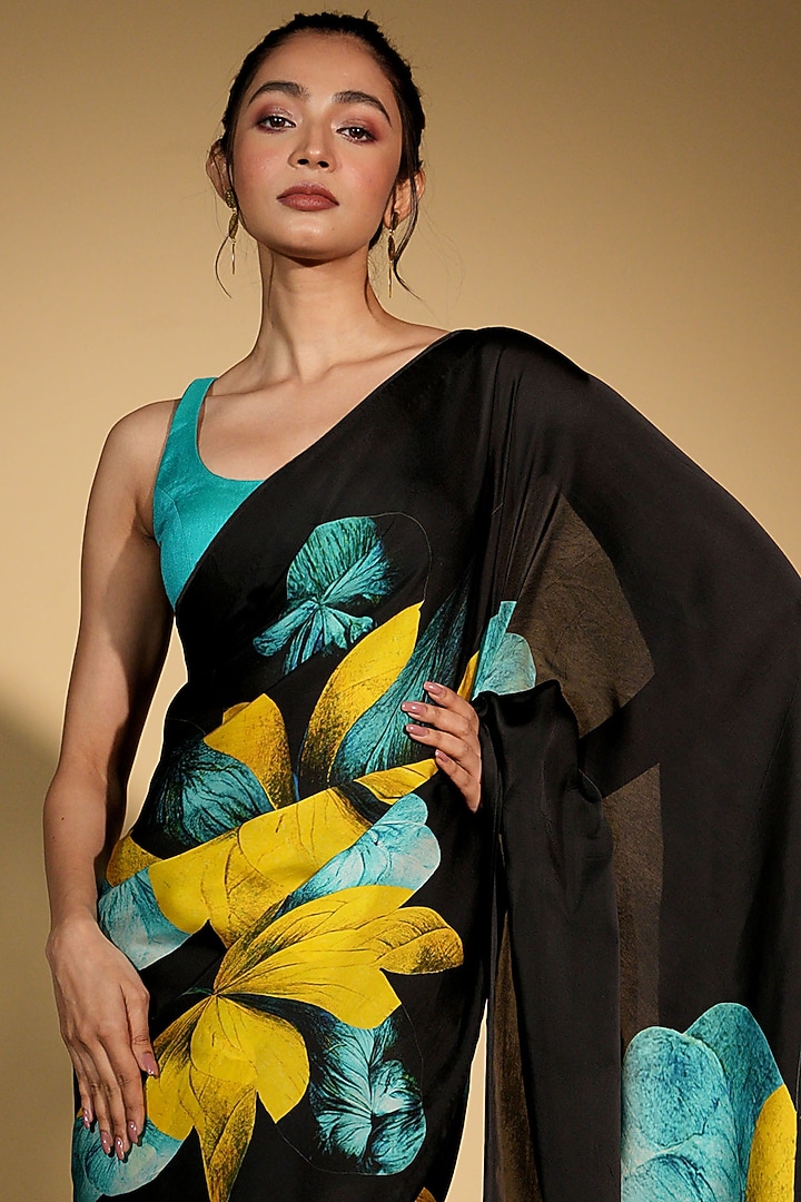 Black Satin Organza Digital Printed Party Wear Saree Set by Isadaa by Rotna Dutt at Pernia's Pop Up Shop