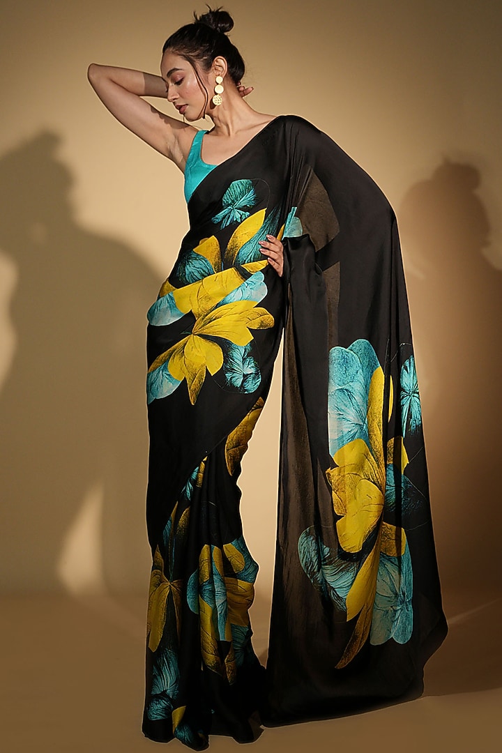 Black Satin Organza Digital Printed Party Wear Saree Set by Isadaa by Rotna Dutt at Pernia's Pop Up Shop
