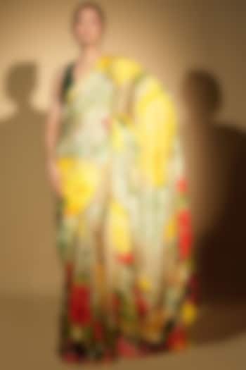 Green Satin Organza Digital Printed Party Wear Saree Set by Isadaa by Rotna Dutt at Pernia's Pop Up Shop