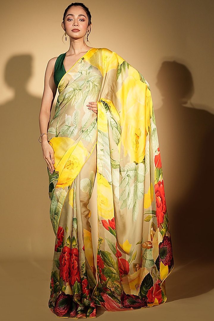 Green Satin Organza Digital Printed Party Wear Saree Set by Isadaa by Rotna Dutt at Pernia's Pop Up Shop
