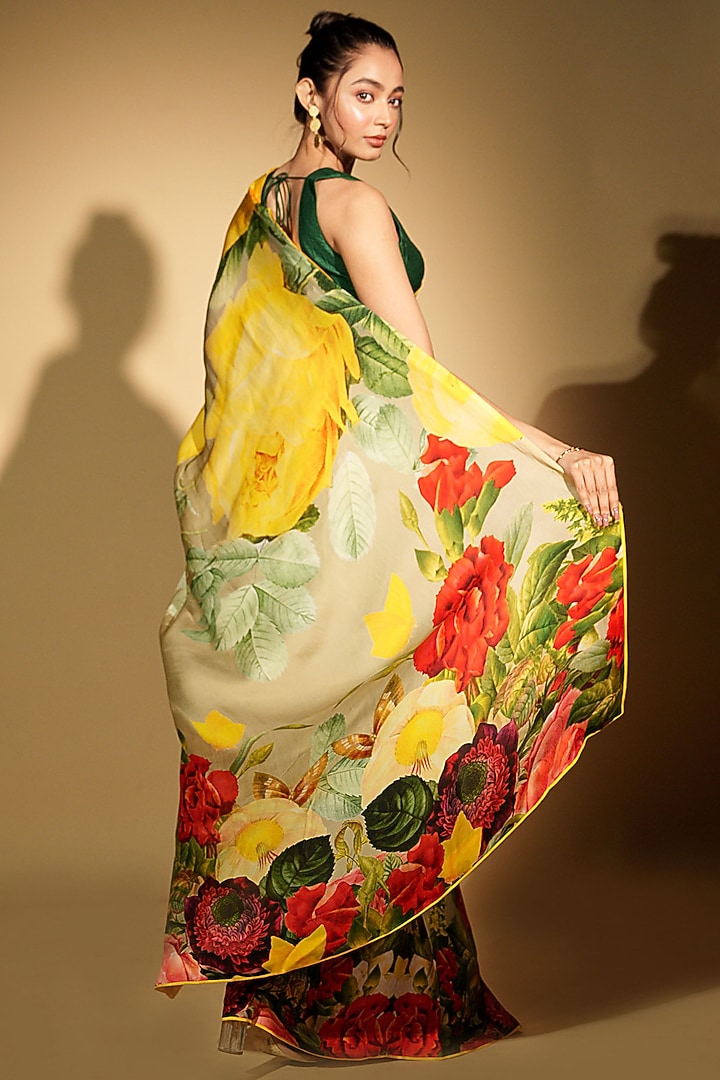 Green Satin Organza Digital Printed Party Wear Saree Set by Isadaa by ...