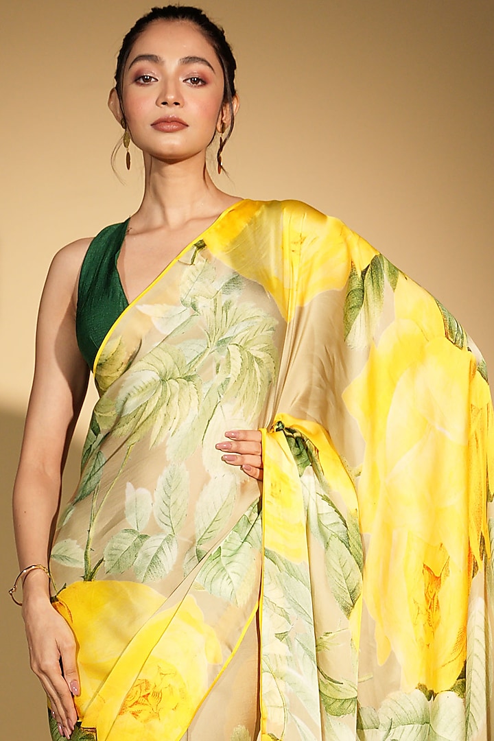 Green Satin Organza Digital Printed Party Wear Saree Set by Isadaa by Rotna Dutt at Pernia's Pop Up Shop