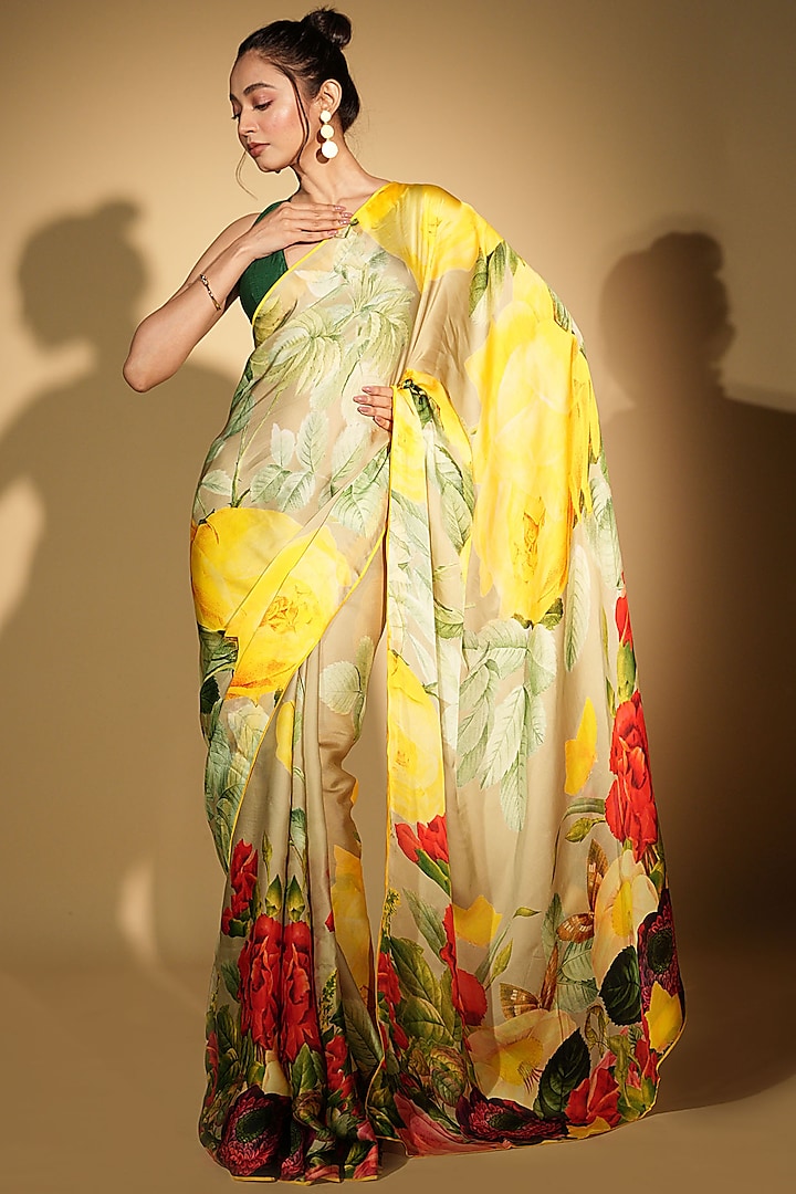 Green Satin Organza Digital Printed Party Wear Saree Set by Isadaa by Rotna Dutt at Pernia's Pop Up Shop