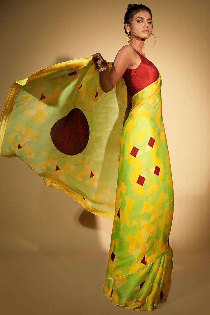 Green Satin Georgette Digital Printed Party Wear Saree Set by Isadaa by Rotna Dutt at Pernia's Pop Up Shop