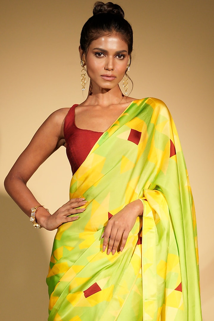 Green Satin Georgette Digital Printed Party Wear Saree Set by Isadaa by Rotna Dutt at Pernia's Pop Up Shop