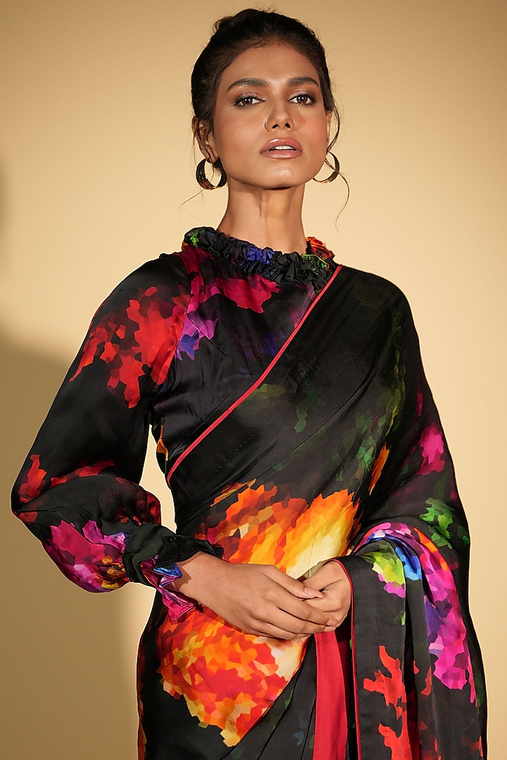 Black Satin Organza Digital Printed Party Wear Saree Set by Isadaa by Rotna Dutt at Pernia's Pop Up Shop