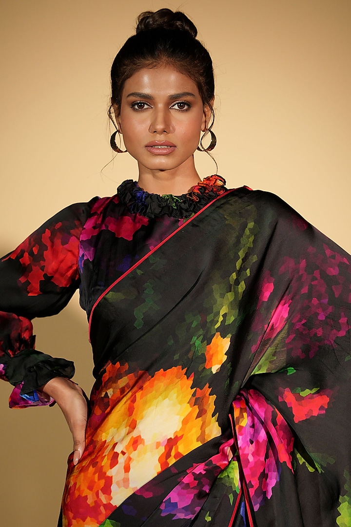 Black Satin Organza Digital Printed Party Wear Saree Set by Isadaa by Rotna Dutt at Pernia's Pop Up Shop