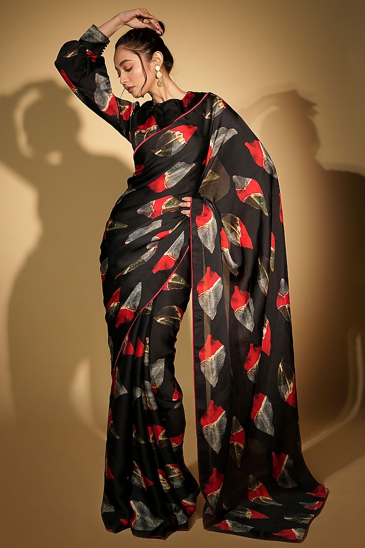 Black Satin Organza Digital Printed Party Wear Saree Set by Isadaa by Rotna Dutt at Pernia's Pop Up Shop