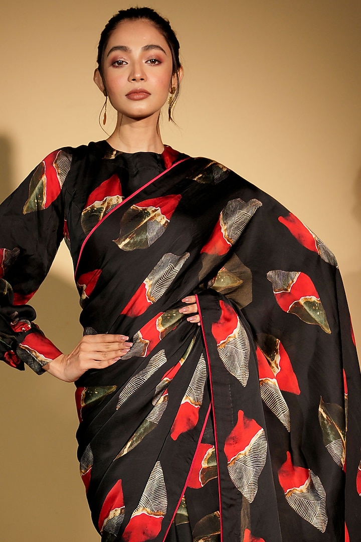 Black Satin Organza Digital Printed Party Wear Saree Set by Isadaa by Rotna Dutt at Pernia's Pop Up Shop