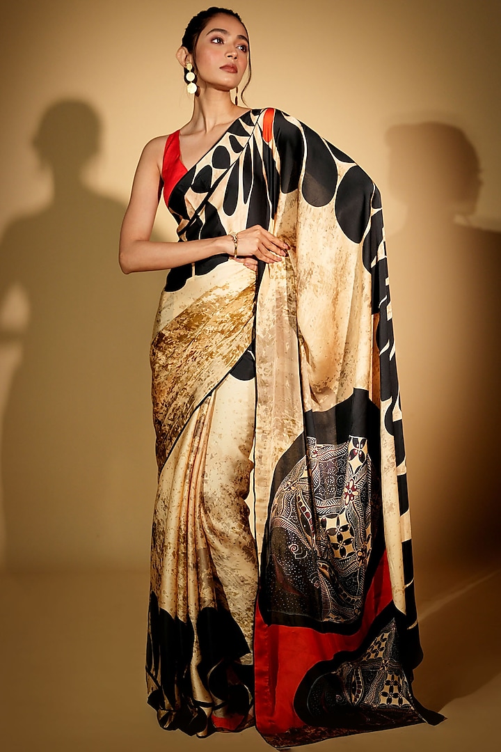 Beige Satin Georgette Digital Printed Saree Set by Isadaa by Rotna Dutt at Pernia's Pop Up Shop