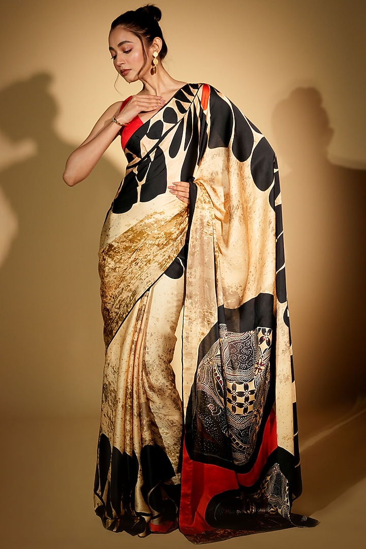 Beige Satin Georgette Digital Printed Party Wear Saree Set by Isadaa by Rotna Dutt at Pernia's Pop Up Shop
