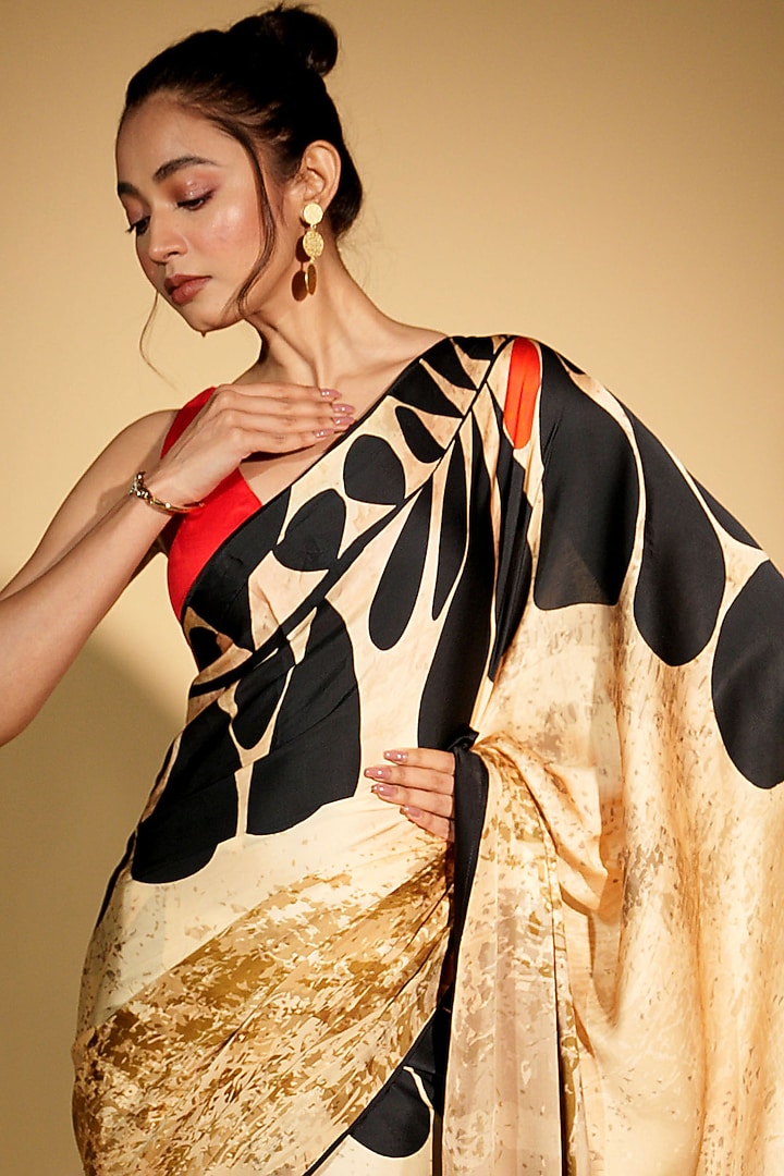 Beige Satin Georgette Digital Printed Party Wear Saree Set by Isadaa by Rotna Dutt at Pernia's Pop Up Shop
