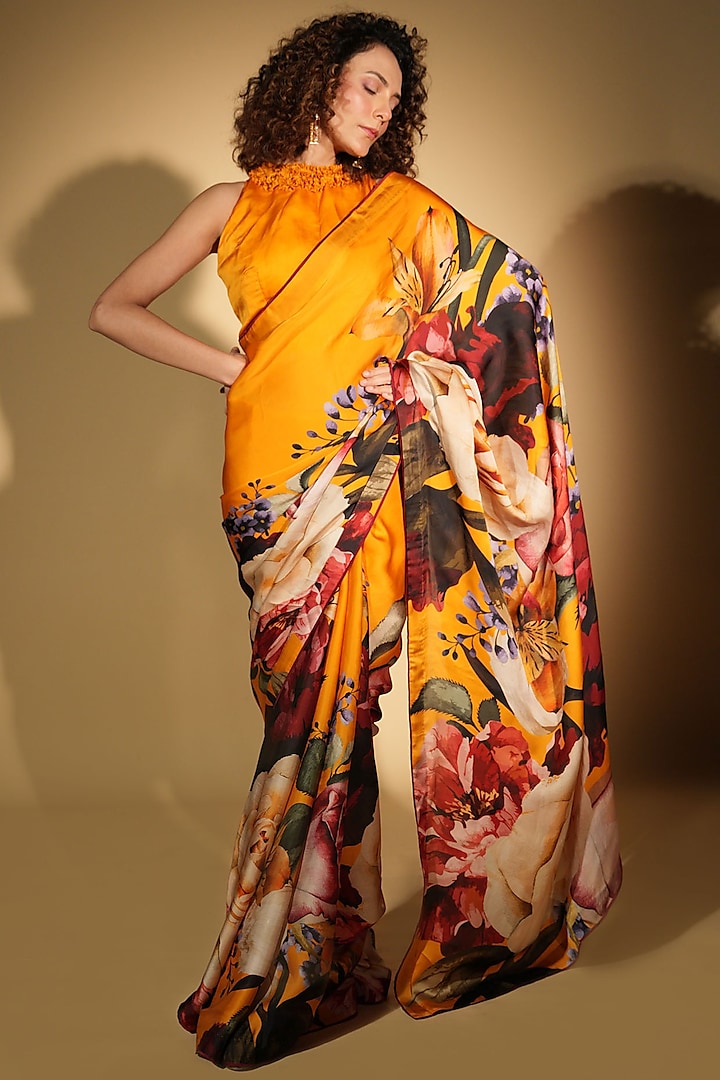 Yellow Satin Organza Digital Printed Party Wear Saree Set by Isadaa by Rotna Dutt at Pernia's Pop Up Shop