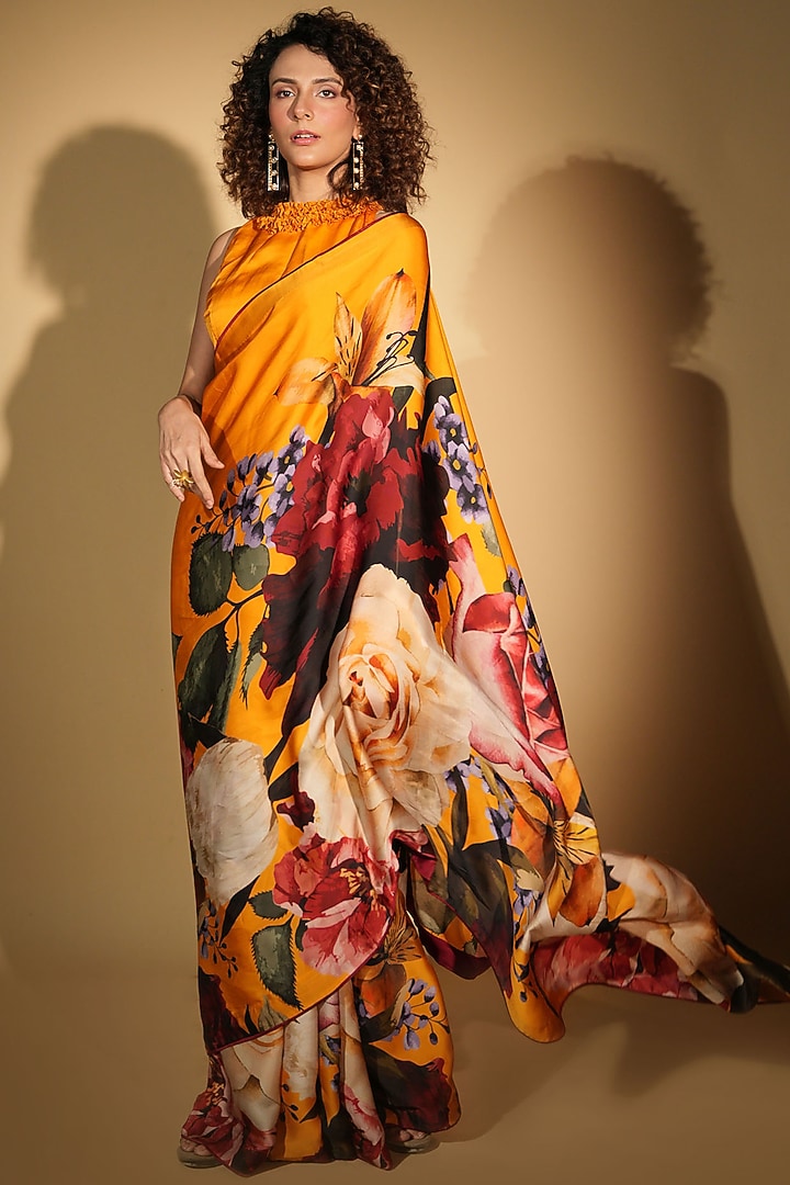 Yellow Satin Organza Digital Printed Party Wear Saree Set by Isadaa by Rotna Dutt at Pernia's Pop Up Shop